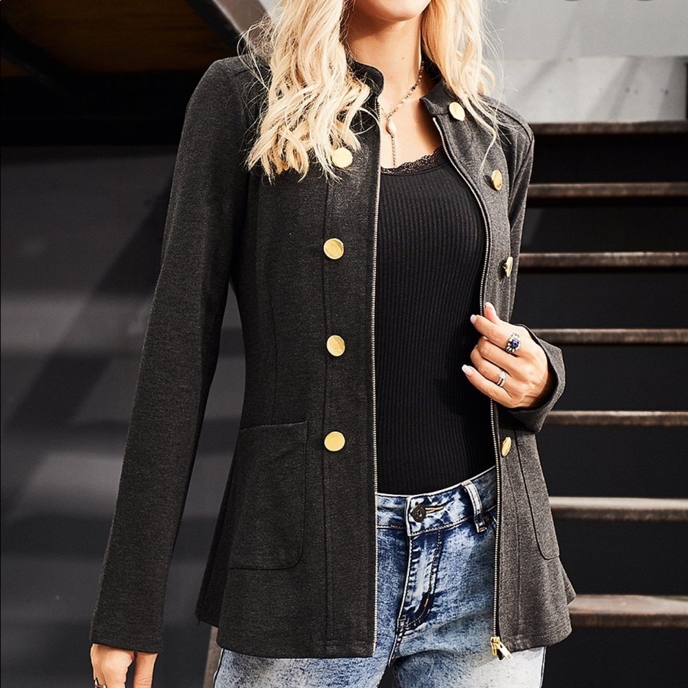 Charcoal Pocket‎ Zip-Up Military Jacket